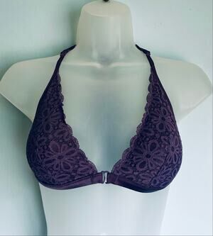 Victoria's Secret Triangle Bralette Purple Lace Floral Lined Front Closure Small